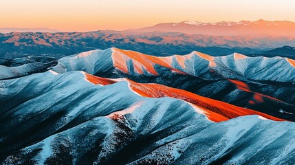 Majestic mountain range sunrise, snow-capped peaks, vibrant colors.  Aerial view. Use for travel posters