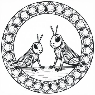 Cute Grasshoppers Doodle Mandala Coloring Page Kids Design. Perfect for children's coloring books, printable activity sheets