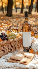 Naklejka premium Autumn picnic with wine and cheese in park