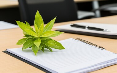 Green Plant on Notebook in Minimalist Office Setting. Nature and Productivity in Modern Workspaces