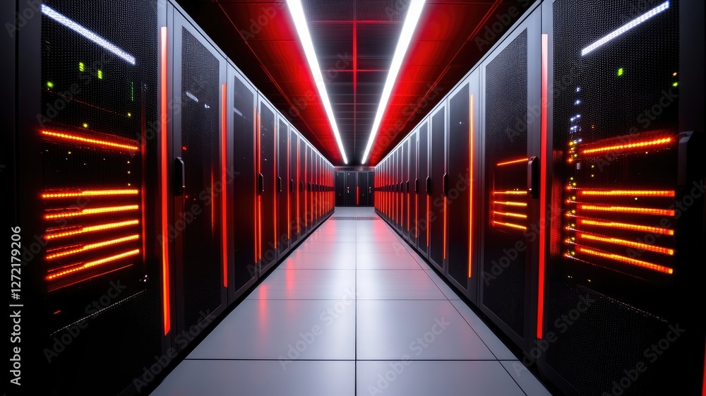 Aufkleber modern data center with illuminated server racks and glowing red lights