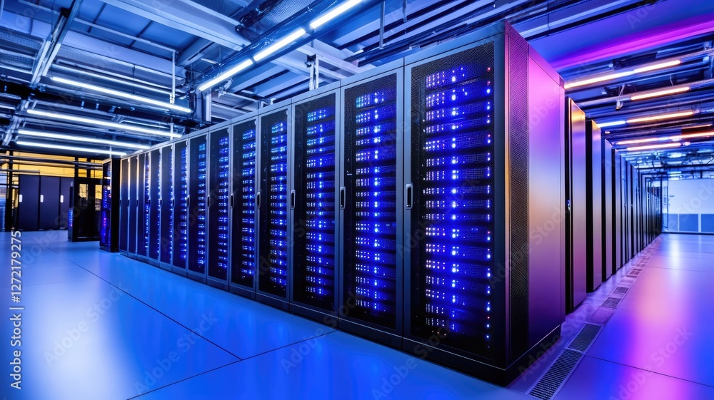 Aufkleber modern data center with illuminated server racks