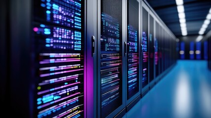 Modern data center server room with vibrant LED lights and sleek hardware, showcasing advanced technology infrastructure