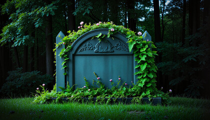 Naklejka premium Ancient grave enveloped by lush green vines and delicate flowers, nature's reclamation