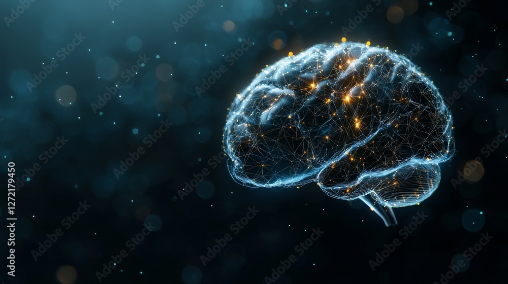 Poster the concept of ai stock and cyber space is represented by a human brain polygon hud on a futuristic 