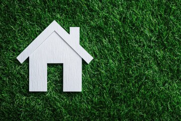 White house cutout on green grass symbolizing real estate, eco-friendly living, and sustainable housing