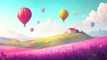Fototapeta premium Brilliantly colored hot air balloons paint the sky as they float gently above lush rolling hills. Below, a charming cottage nestled amidst blooming flowers creates a picturesque landscape