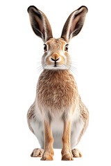 Obraz premium Brown hare isolated on a transparent background. Front view of a sitting wild rabbit with large ears, detailed fur, and an alert expression.
