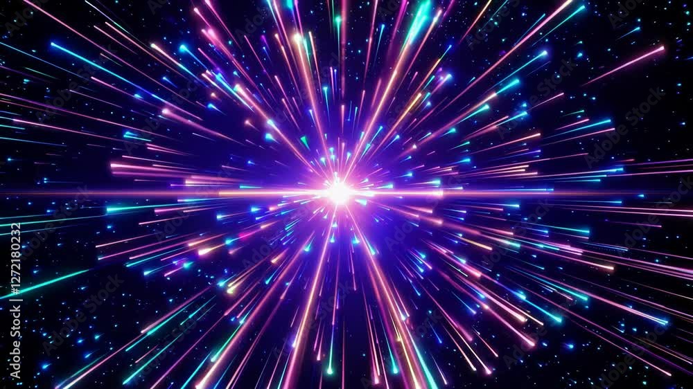 Poster colorful cosmic explosion with vibrant light rays in universe, dynamic space concept