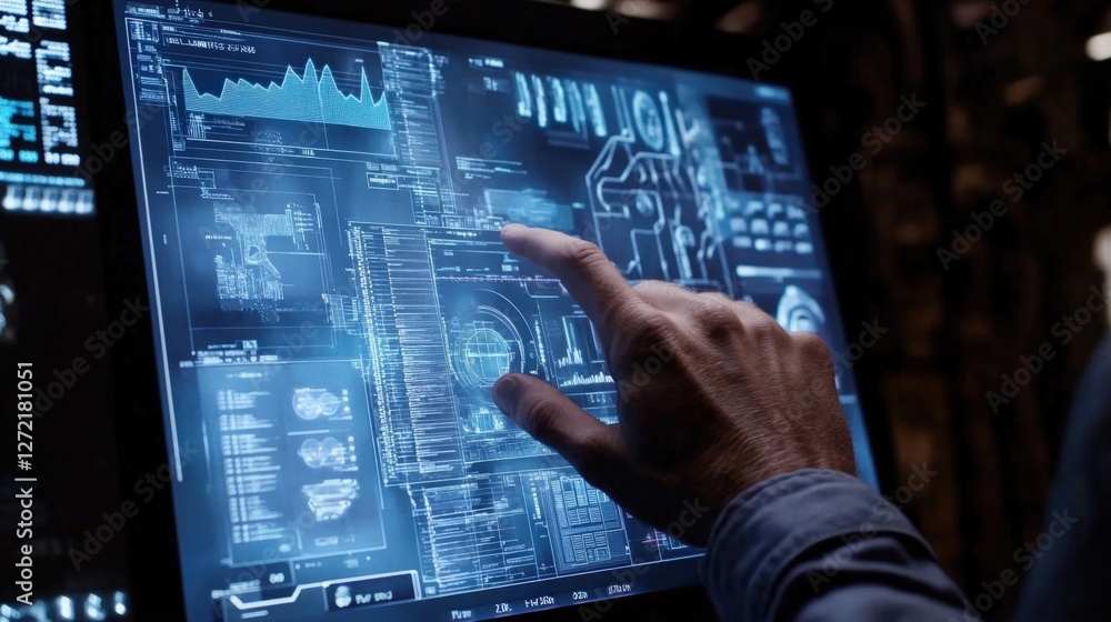 Poster engineer interacts with a futuristic, transparent touchscreen display, analyzing complex data visual