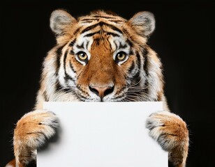 Obraz premium tiger holding blank card or poster , closeup view of animal pet face closeup view of animal pet face portrait and empty blank