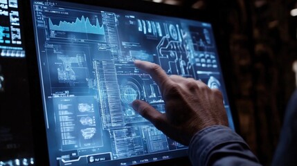 Fototapeta premium Engineer interacts with a futuristic, transparent touchscreen display, analyzing complex data visualizations, schematics, and graphs in a dimly lit technological environment