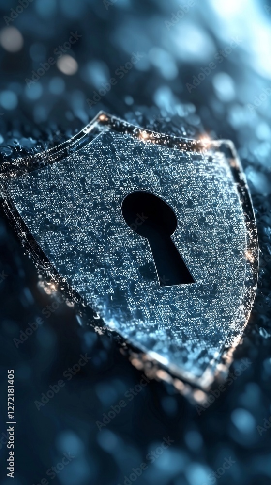 Poster a blue digital security shield logo is set against a futuristic circle hud with big data being proce