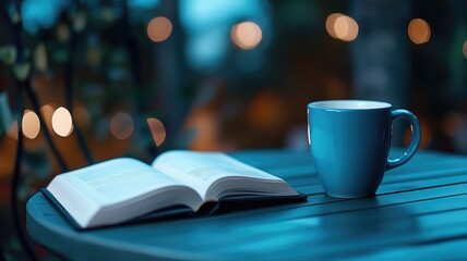 Open book and blue coffee mug on table in outdoor setting with bokeh lights background