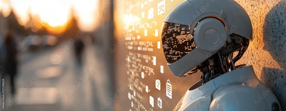 Poster in the future metaverse world, digital technology will utilize android robots to replace human worke