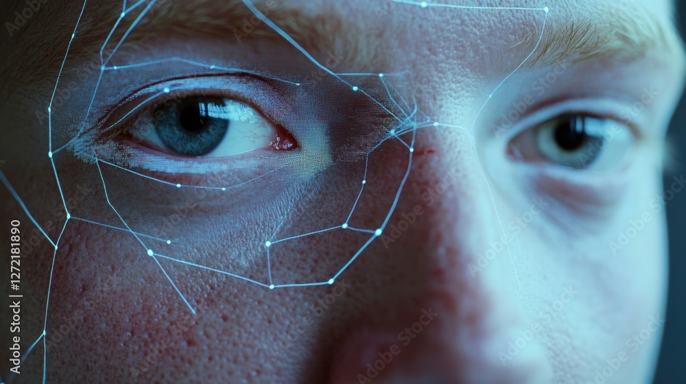 Aufkleber a closeup shot of a persons face in front of a facial recognition camera with facial landmarks mappe