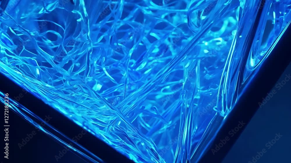 Poster bright blue lights illuminate a captivating glass structure, revealing delicate patterns and texture