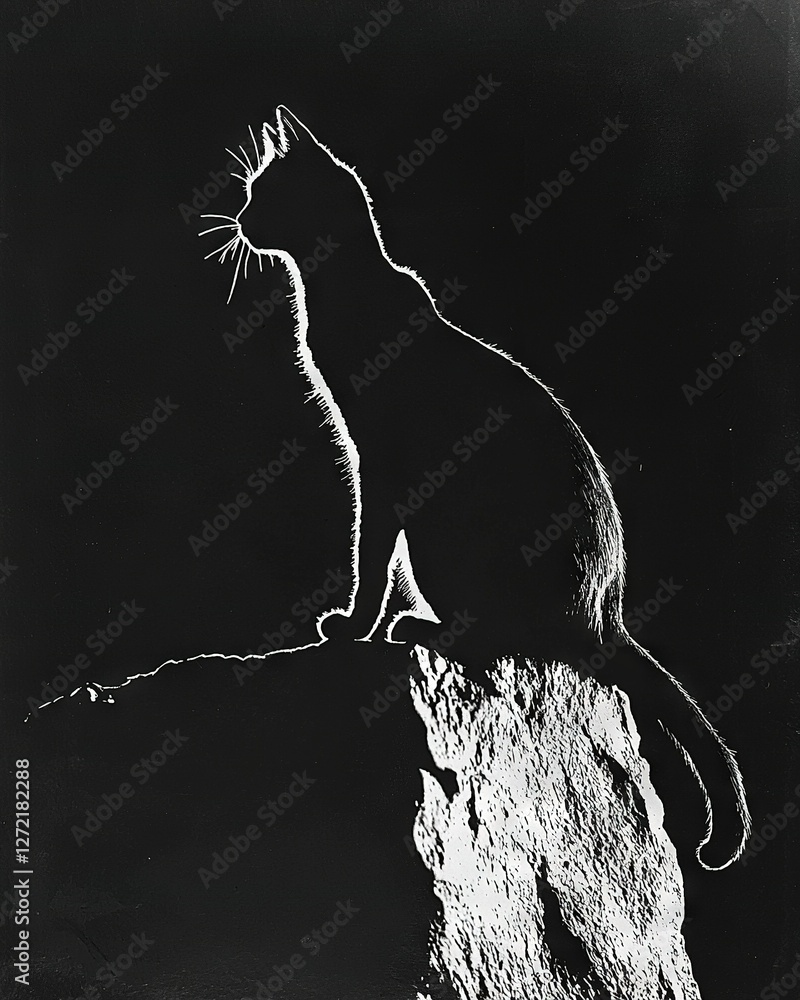 Poster a monochrome image of a feline perched atop a boulder with its tail draped behind it