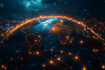 Obraz premium A futuristic digital globe with glowing network connections linking different parts of the world.