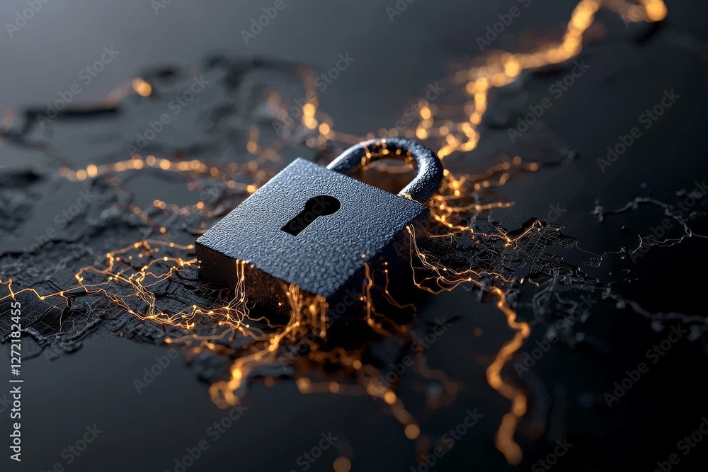 Poster a 3d rendering of a glowing padlock map hologram on a dark background symbolizes safety and protecti