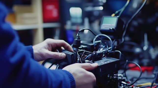 Closeup of a technicians hands as they secure a battery pack to the camera rig while intricate wiring from monitors and external lenses intertwines showcasing the complexity of the