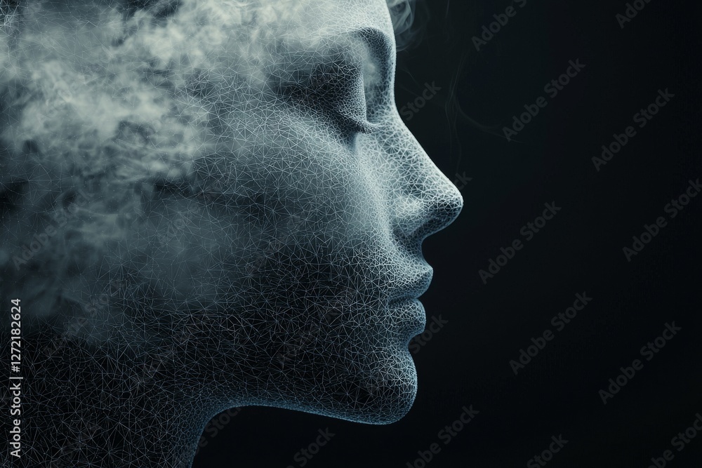 Poster the concept of human and stock is represented by a 3d-rendered abstract polygonal head outline on a 