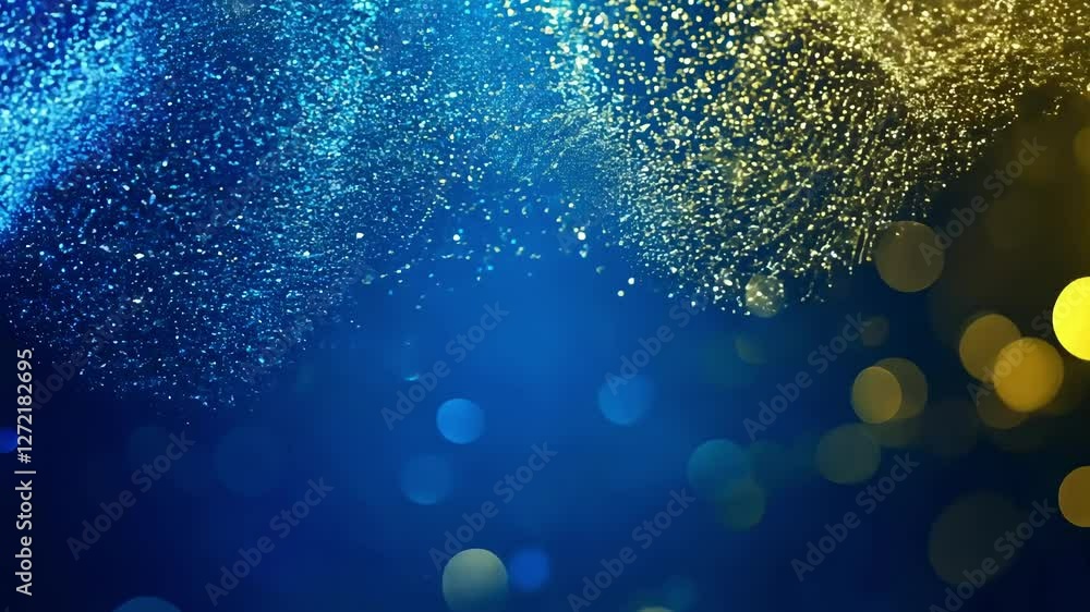 Poster dynamic particles of blue and gold swirl and shimmer, creating an enchanting atmosphere. the display
