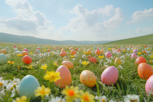 easter colored eggs on a garden with many colors and lights bokeh - Powered by Adobe
