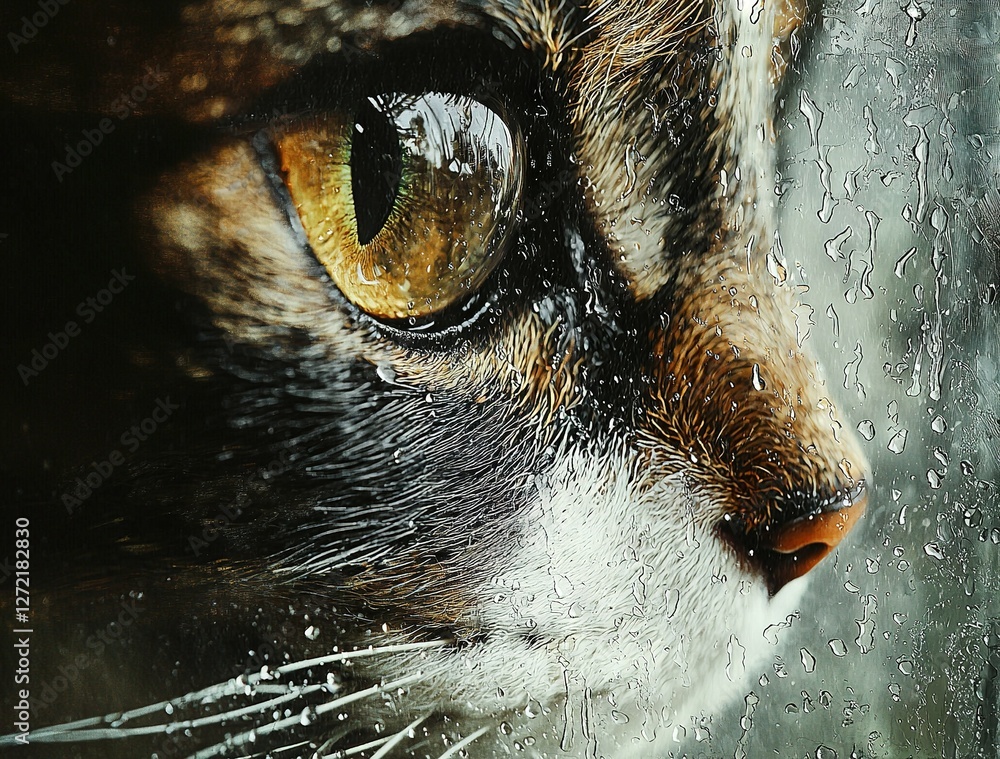 Poster a close-up of a cat's wet face with a window in the background