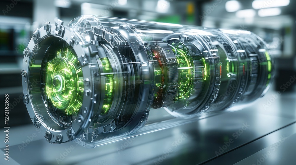 Poster transparent, futuristic engine in a clean lab setting