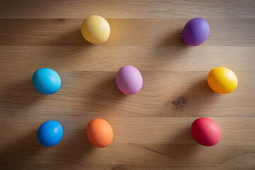 easter colored eggs on wood table with copy space