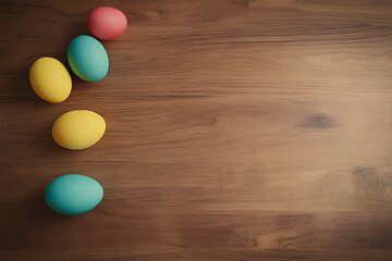 easter colored eggs on wood table with copy space