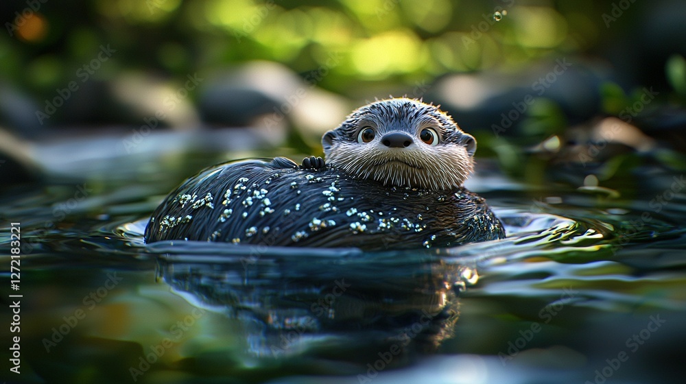 Poster a small creature submerged in water surrounded by tree trunks and foliage