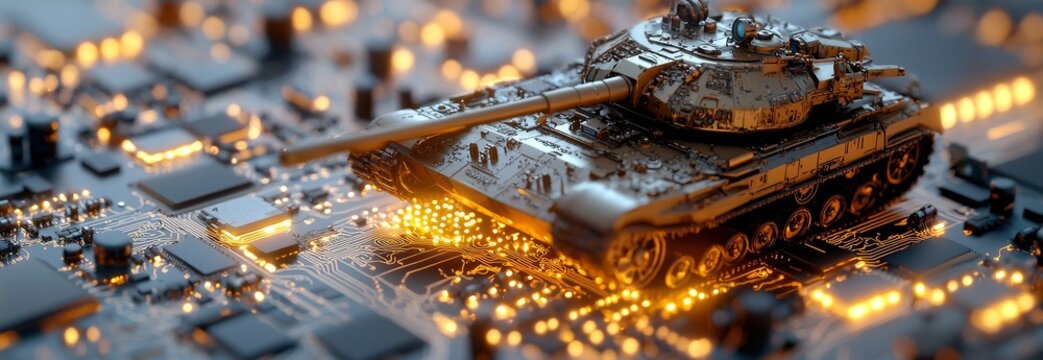 A close-up of a military tank and a powerful computer board for AI, symbolizing the takeover of war and competition in microchip manufacturing, set against a wide banner design with a copy space area