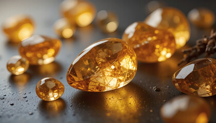 Polished citrine crystals shining with a warm golden glow, reflecting soft light on a smooth dark surface
