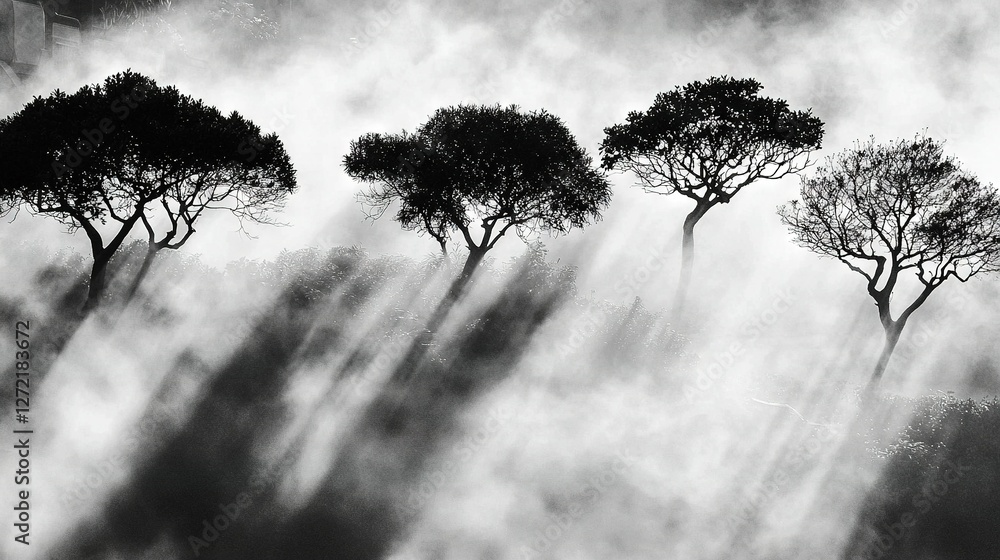 Poster black-and-white image of trees on a foggy day with sunlight filtering through the trees in the foreg