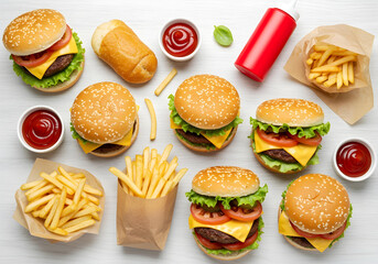 A variety of food items such as burgers, fries, and ketchup on a white background. Generated with AI