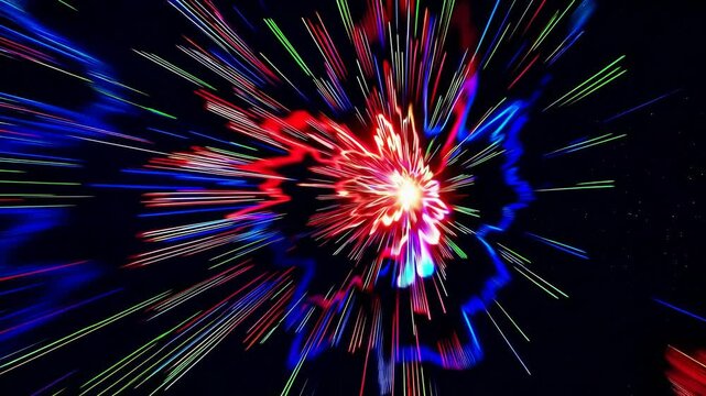 Colorful light trails in motion against a dark sky, vibrant abstract pattern. Futuristic digital art concept