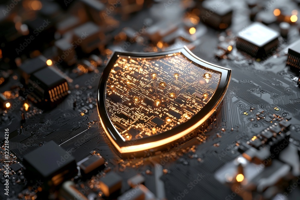 Poster data security concept represented by a protection shield with binary code on a grey background, stoc