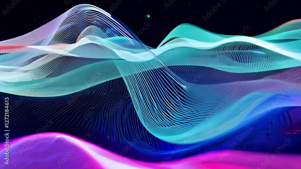 Poster colorful waves move gracefully across a dark background, showcasing fluid motion and captivating lig