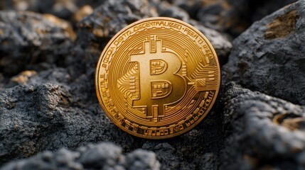 Gold Bitcoin on Volcanic Rock, Cryptocurrency Mining