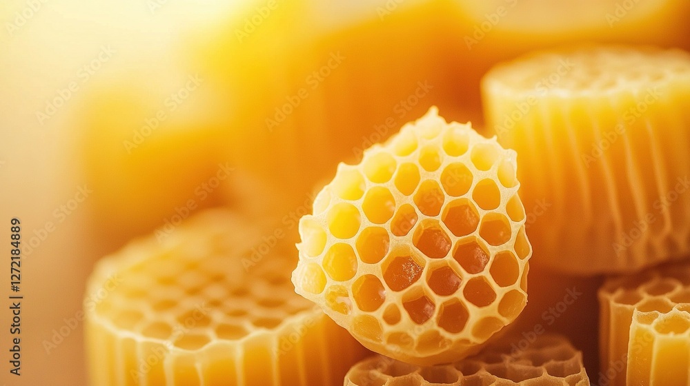Poster a honeycomb tower made of multiple honeycombs stacked on top of one another, with a honeycomb in its