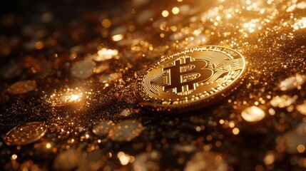 Golden Bitcoin coin among others, sparkling background, finance concept