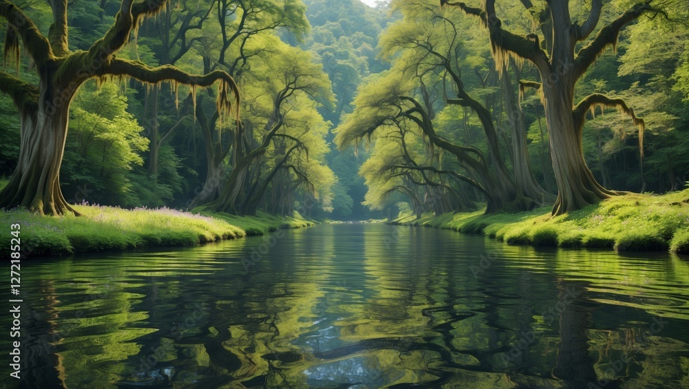 Poster serene river flowing through lush greenery with ancient trees on a calm day in a tranquil forested l