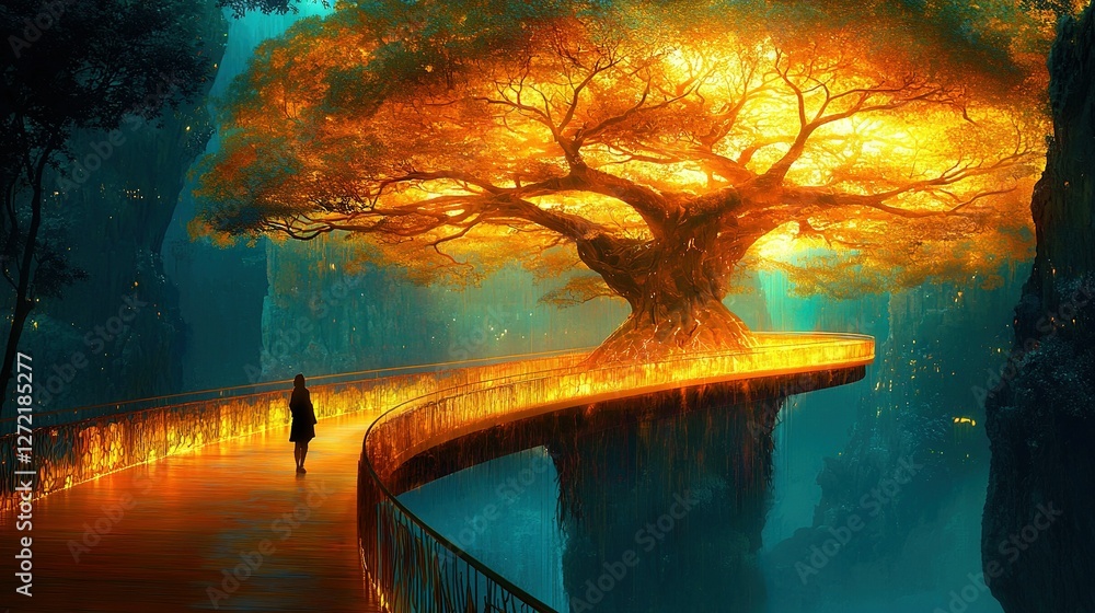 Poster a person walks across a bridge with a tree on one side and a man on the other