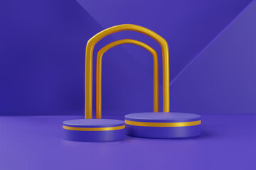 3D blue podium stands, round pedestals with golden arch frames, vector volume scene mockup for product stage showcase