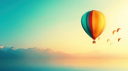 Obraz premium Hot air balloon flying over water, birds in foreground, mountains behind
