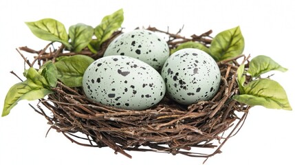 Obraz premium A carefully woven bird nest cradles three beautifully speckled eggs nestled among vibrant green foliage. Nature's artistry shines in this tranquil setting, perfect for new beginnings