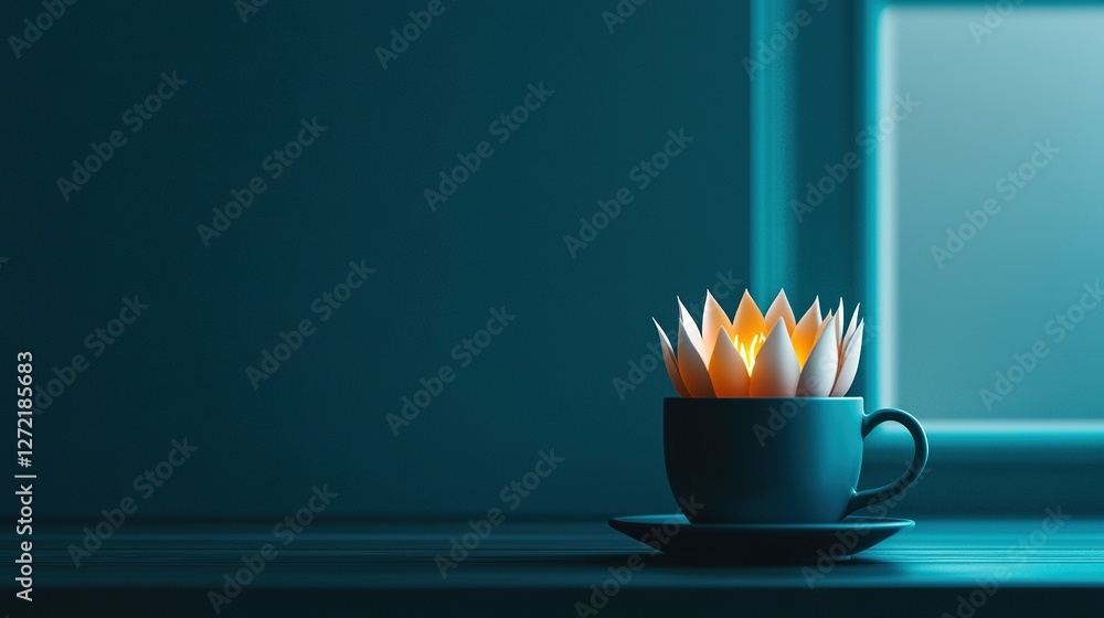 Poster close-up of a cup with a plant inside and a window in the backdrop
