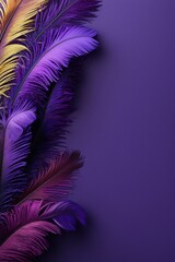 Obraz premium Mardi Gras colorful feathers on dark purple background with copy space.